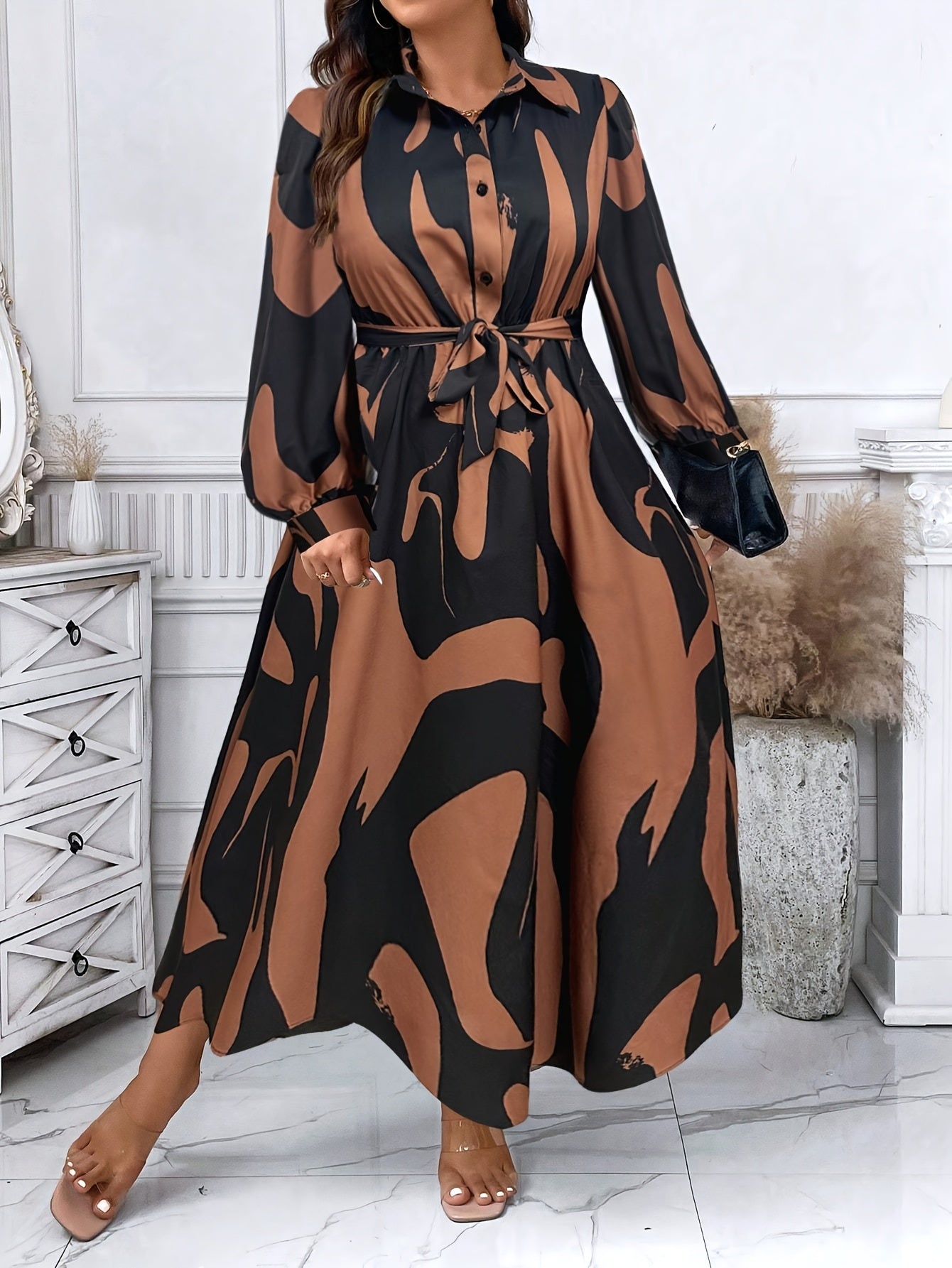 Robe chemise à manches longues pour femmes grande taille - Taille ceinturée