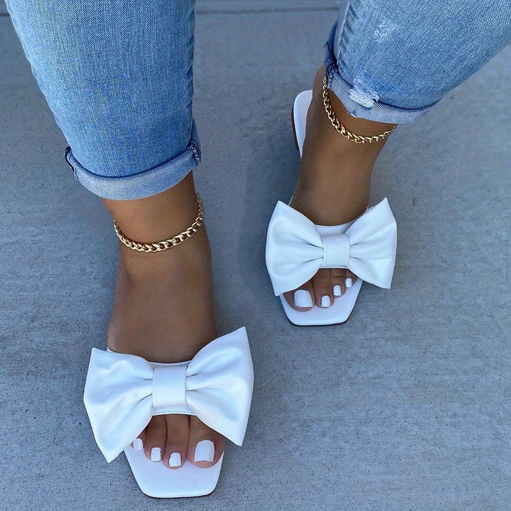 Pantoufles plates Bowknot pour femmes, chaussures antidérapantes à bout ouvert