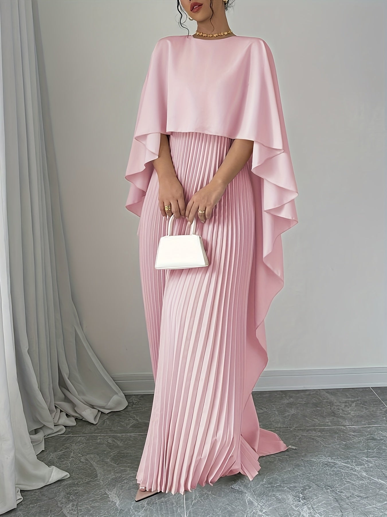 Stylish Women's Long Pleated Cape Dress with Cardigan Set