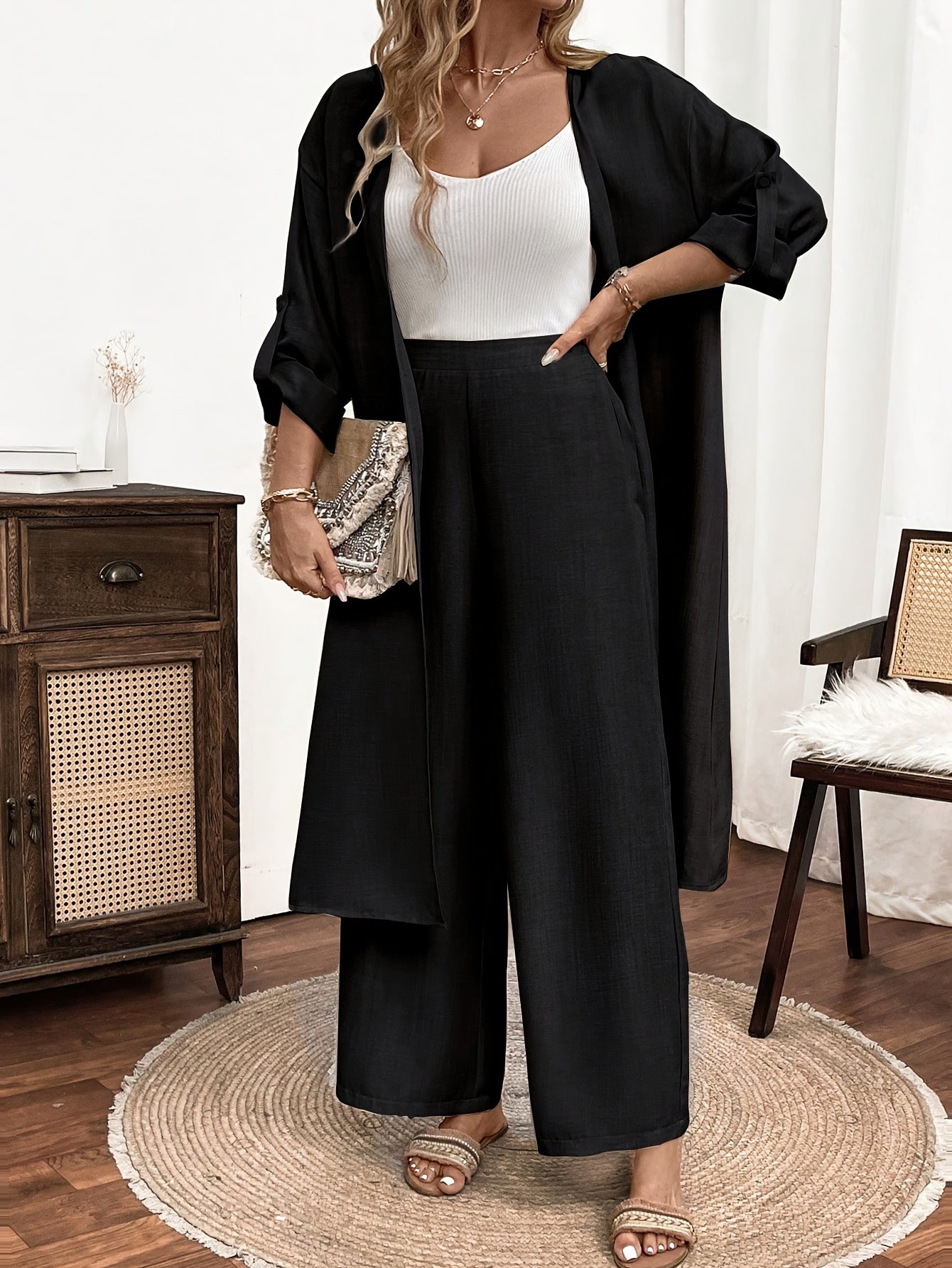 Grande Taille - Ensemble Haut + Pantalon Élégant À Manches Longues Décontracté En Deux Pièces Grande Taille Pour Femmes