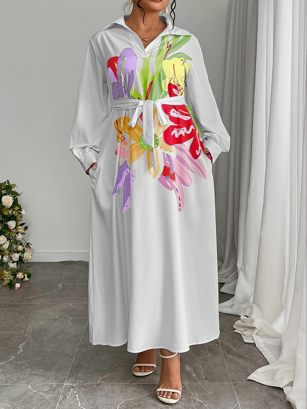 Plus Size, Plus Size Women's Elegant Floral Pattern Loose Side Pocket Maxi Dress, Spring/Autumn Long Length