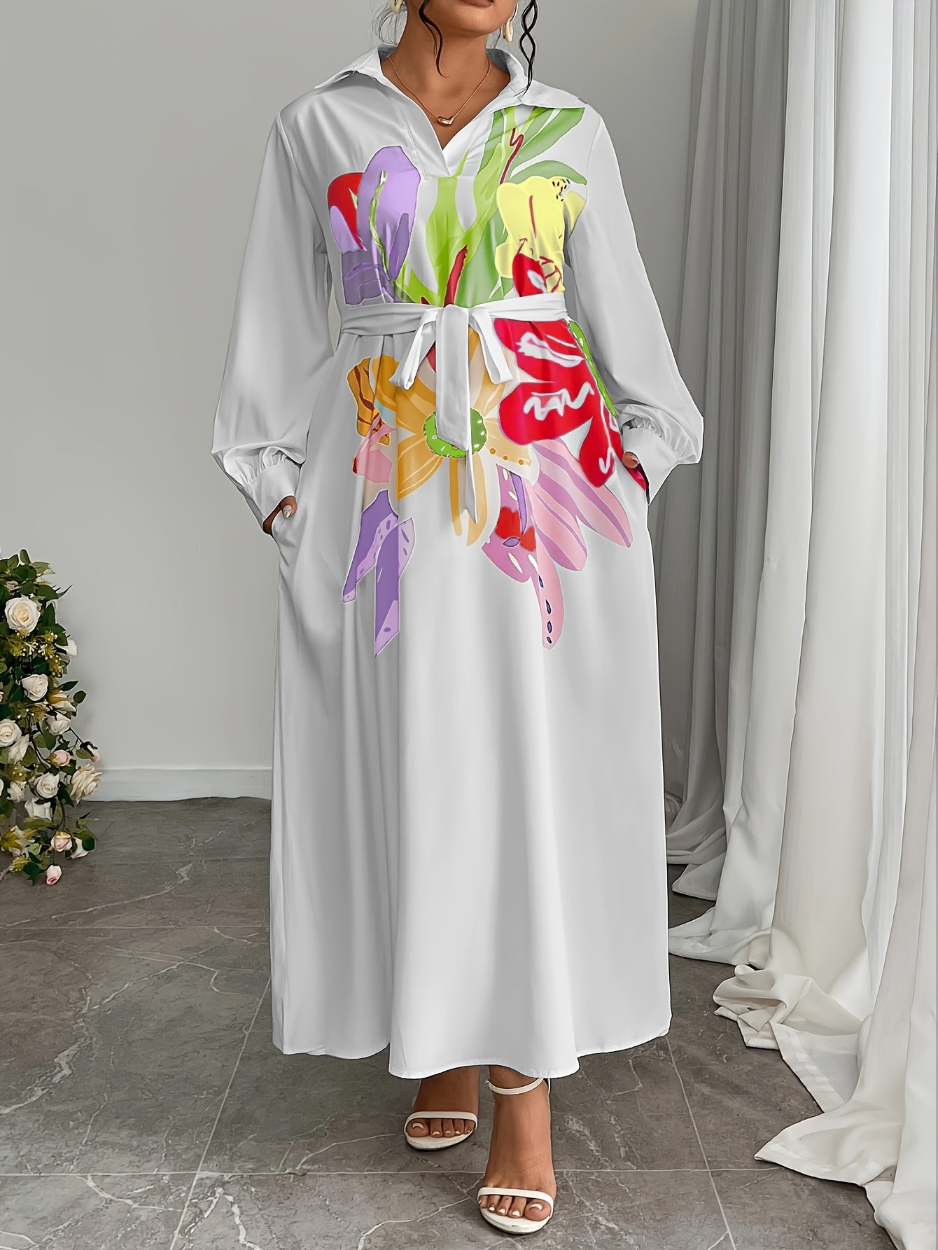 Plus Size, Plus Size Women's Elegant Floral Pattern Loose Side Pocket Maxi Dress, Spring/Autumn Long Length