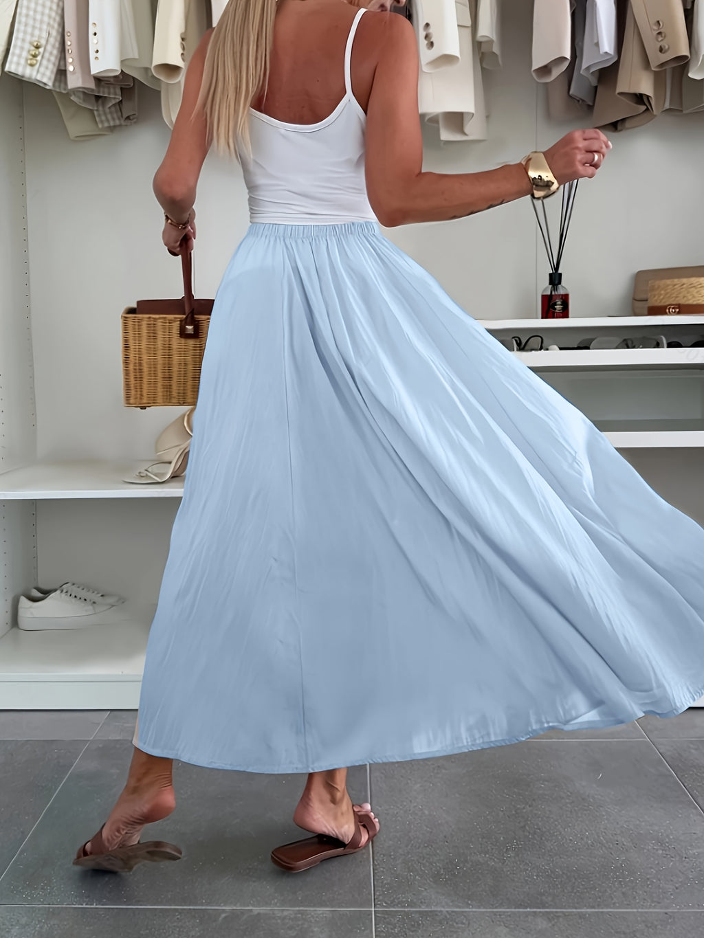 Women'S Casual Solid Color Flared Skirt with Pockets - Regular Fit, All-Season, No Belt, Allseason Skirt|Casual Style Skirt|Pocketed Skirt