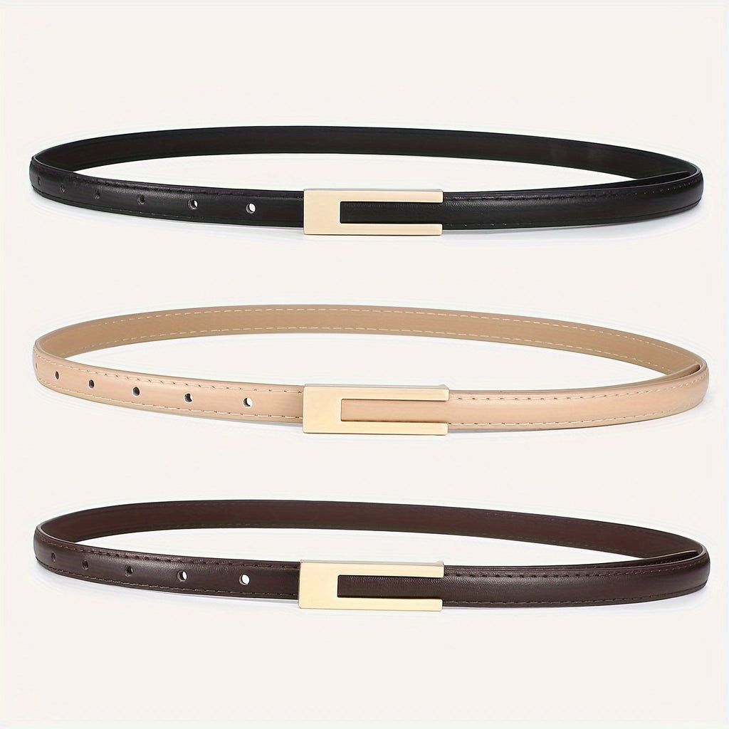 3 ceintures skinny en similicuir pour femmes avec boucles en métal - Noir, marron, beige