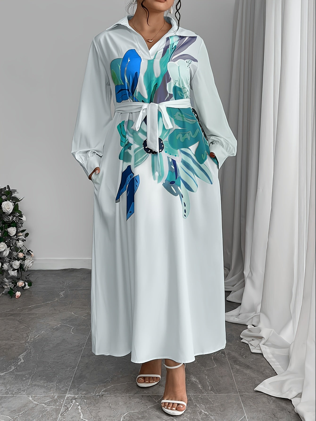 Plus Size, Plus Size Women's Elegant Floral Pattern Loose Side Pocket Maxi Dress, Spring/Autumn Long Length