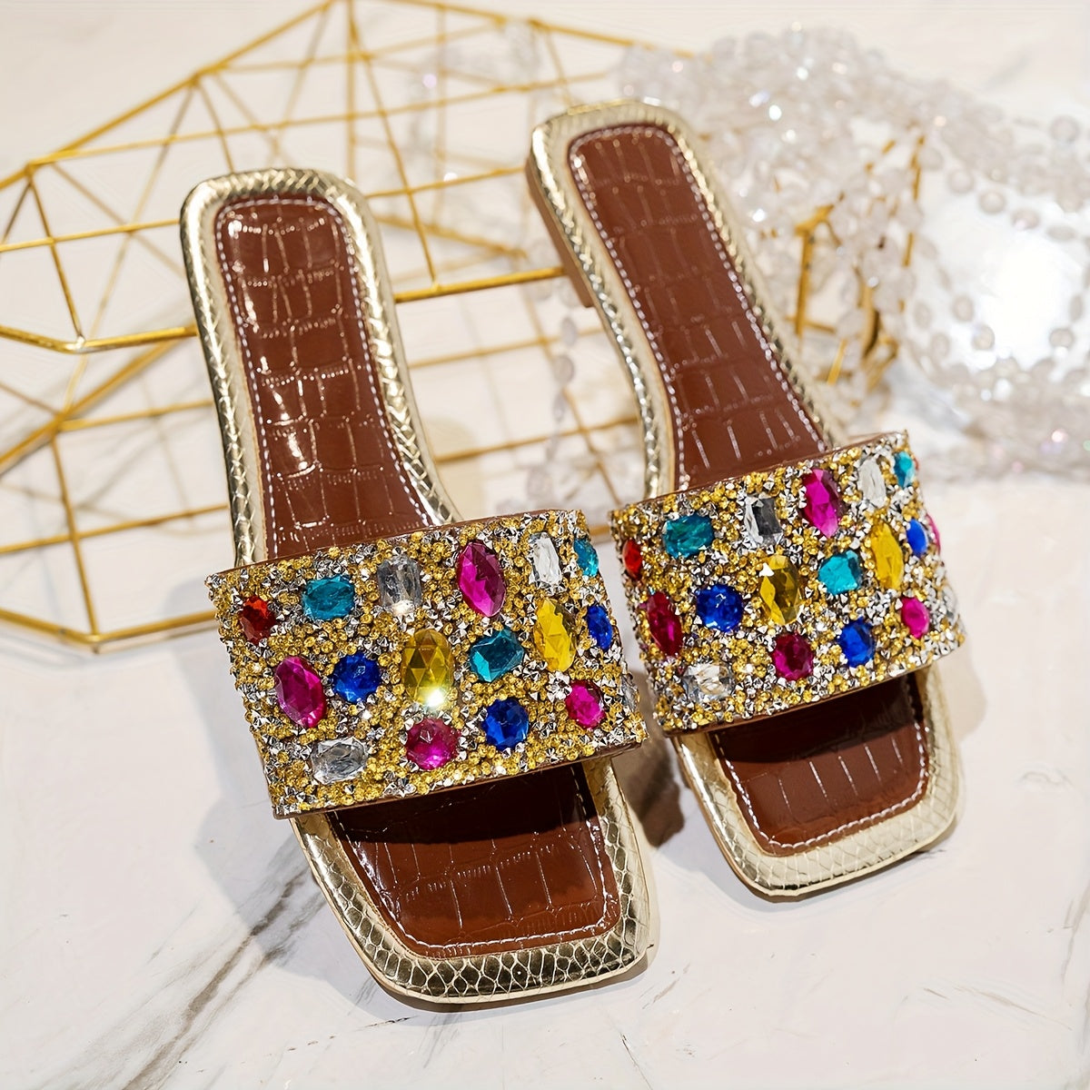 Sandales plates à glissière colorées en strass pour femmes