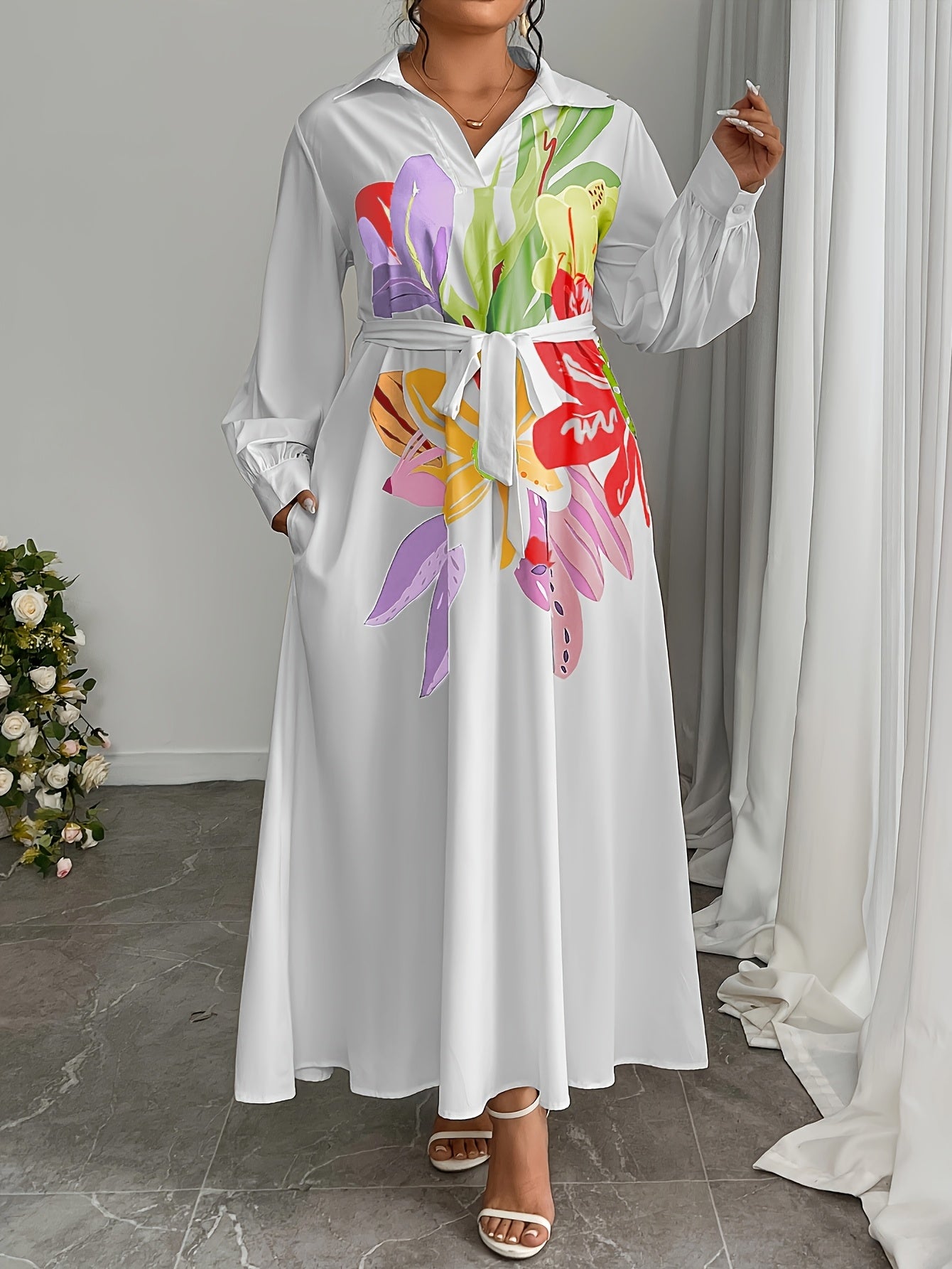 Plus Size, Plus Size Women's Elegant Floral Pattern Loose Side Pocket Maxi Dress, Spring/Autumn Long Length