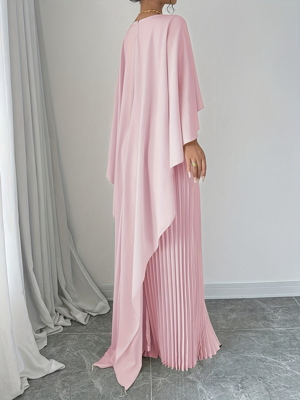 Stylish Women's Long Pleated Cape Dress with Cardigan Set