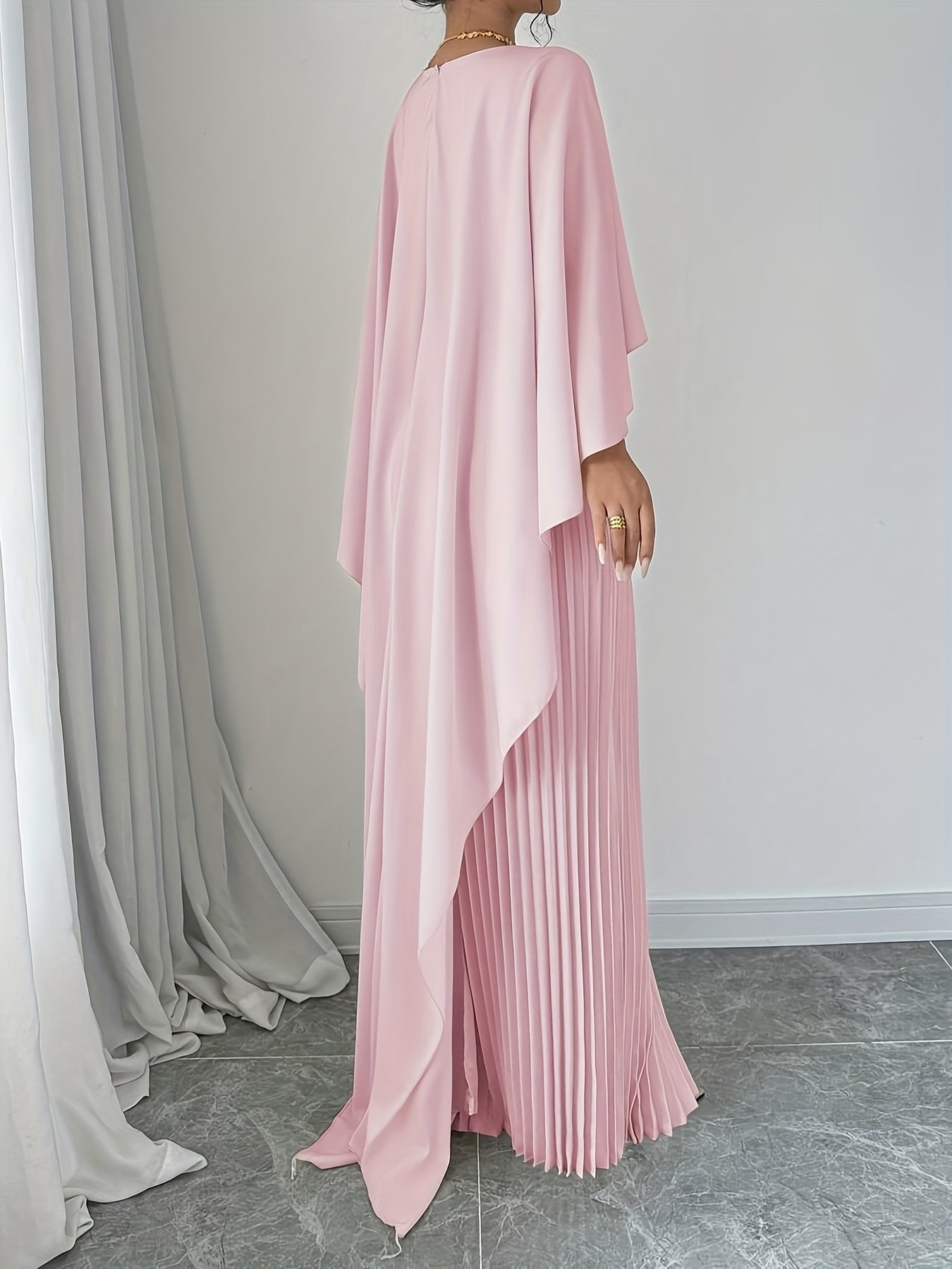 Stylish Women's Long Pleated Cape Dress with Cardigan Set