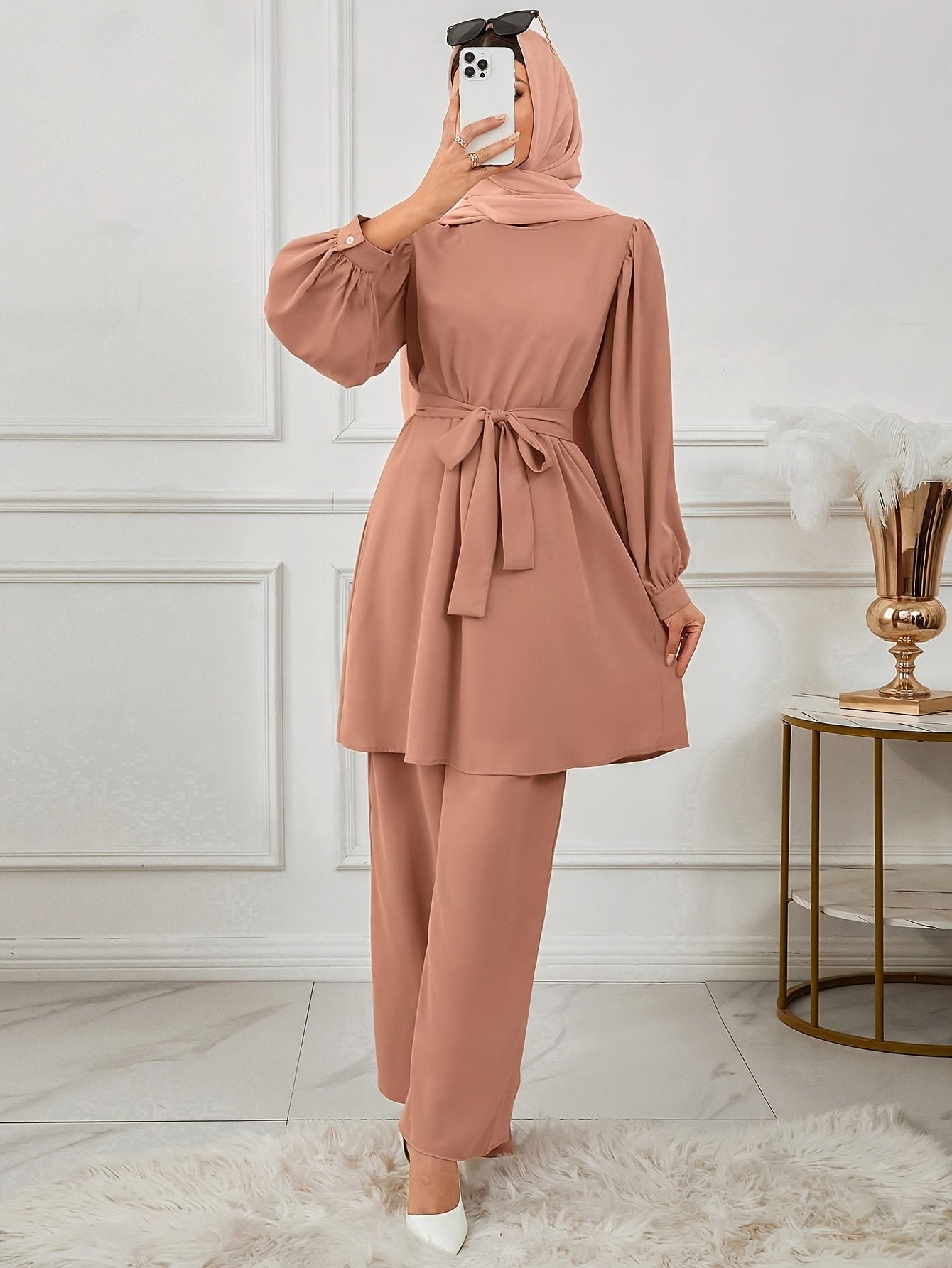 Ensemble Haut Et Pantalon À Manches Ensemble Haut Et Pantalon À Manches Longues À Col Rond De Couleur Unie Pour Femmes
