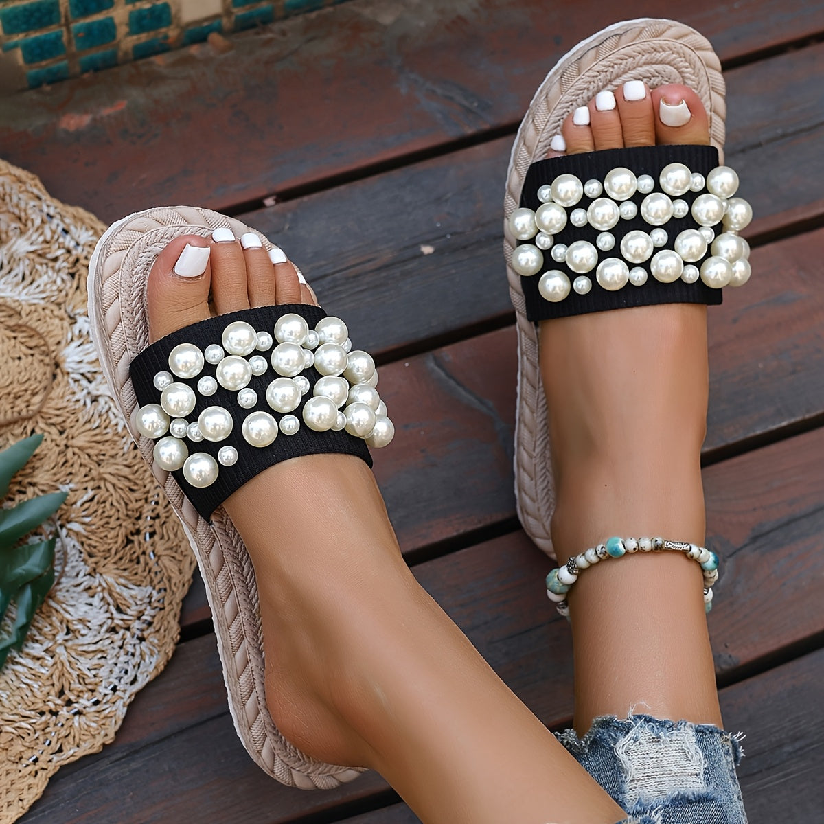 Sandales à glissière en perles pour femmes