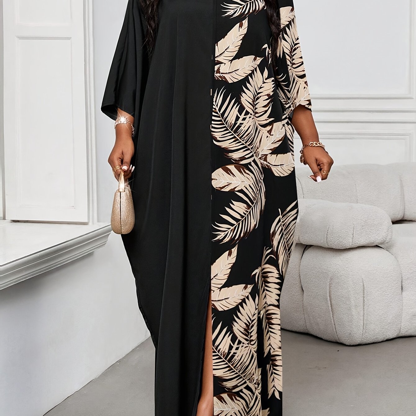 Grande taille, élégante robe longue élégante à col rond et manches longues à blocs de couleur