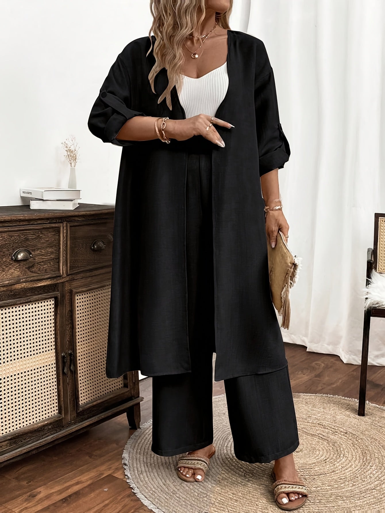 Grande Taille - Ensemble Haut + Pantalon Élégant À Manches Longues Décontracté En Deux Pièces Grande Taille Pour Femmes