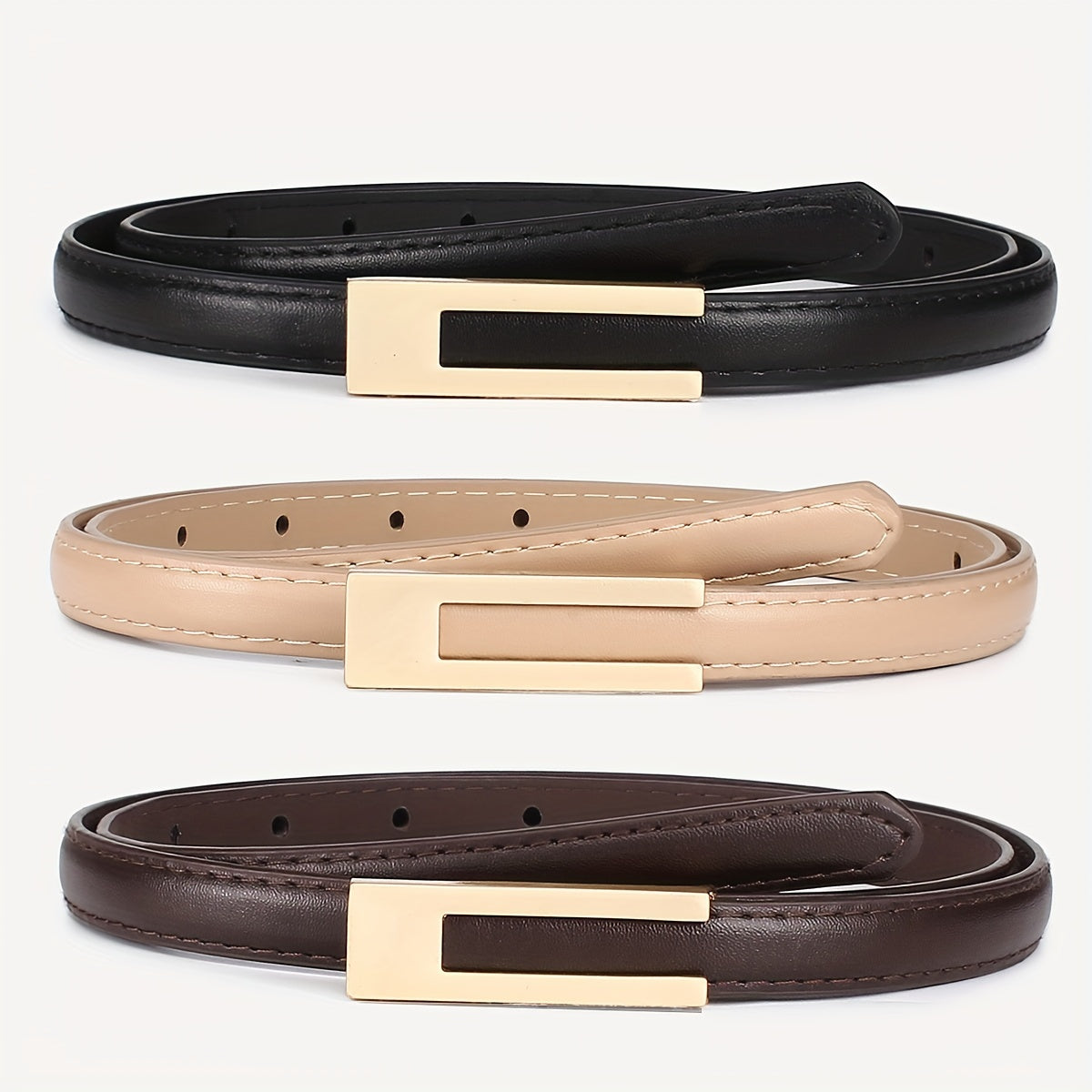 3 ceintures skinny en similicuir pour femmes avec boucles en métal - Noir, marron, beige