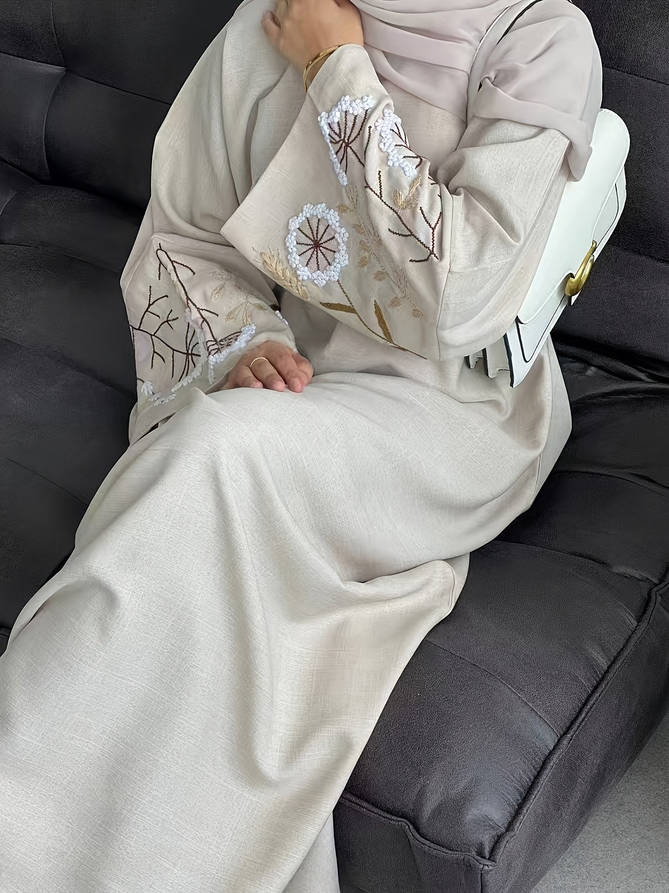 Elegant Long-Sleeve Abaya with Floral Embroidery