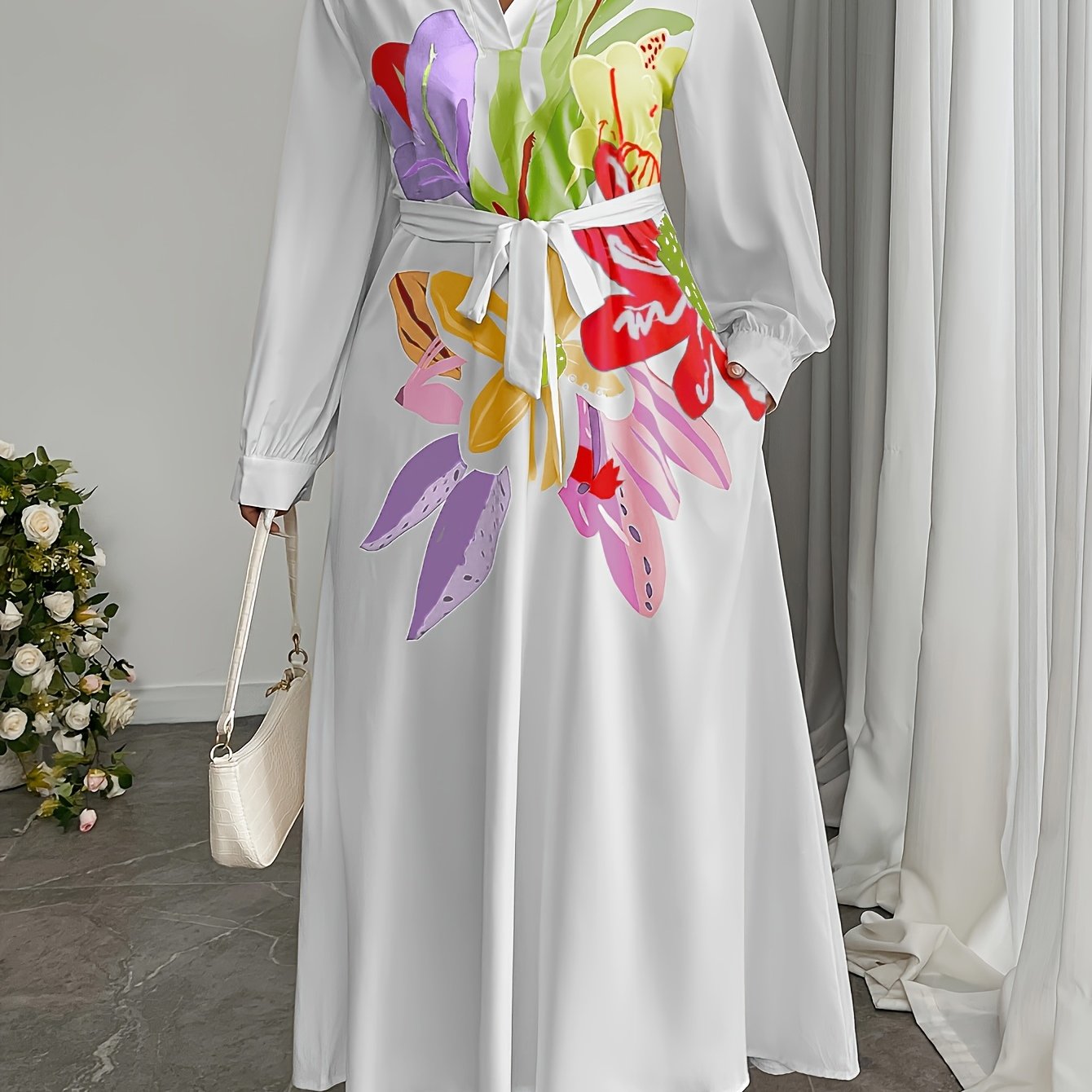 Plus Size, Plus Size Women's Elegant Floral Pattern Loose Side Pocket Maxi Dress, Spring/Autumn Long Length