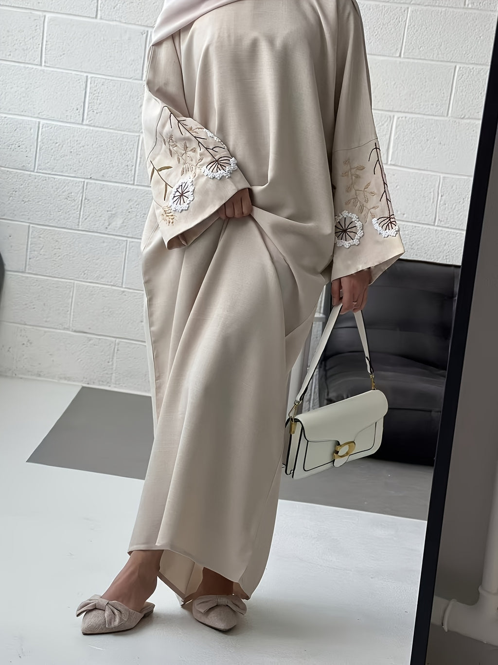 Elegant Long-Sleeve Abaya with Floral Embroidery