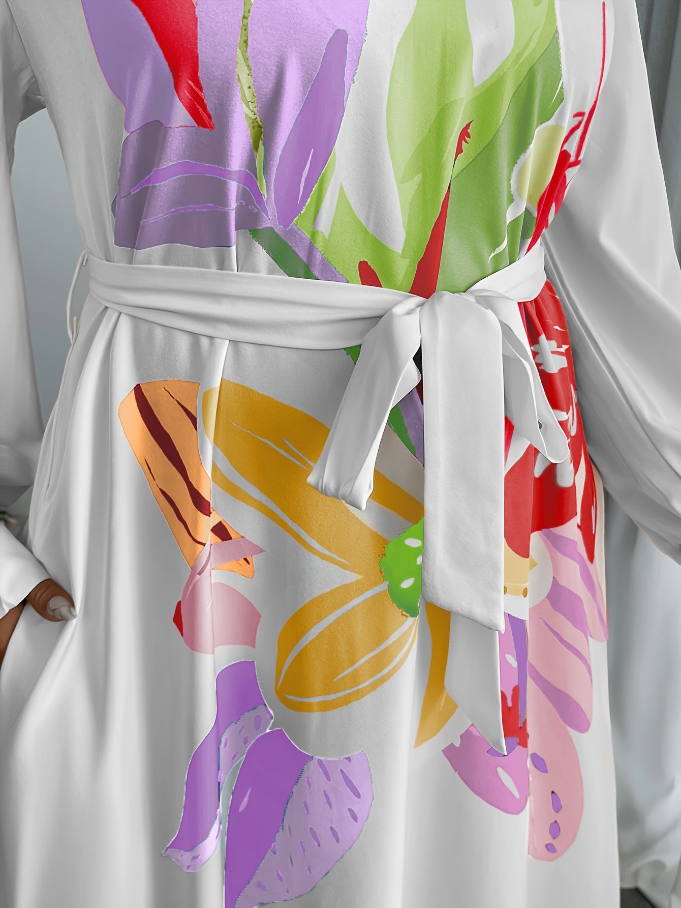 Plus Size, Plus Size Women's Elegant Floral Pattern Loose Side Pocket Maxi Dress, Spring/Autumn Long Length