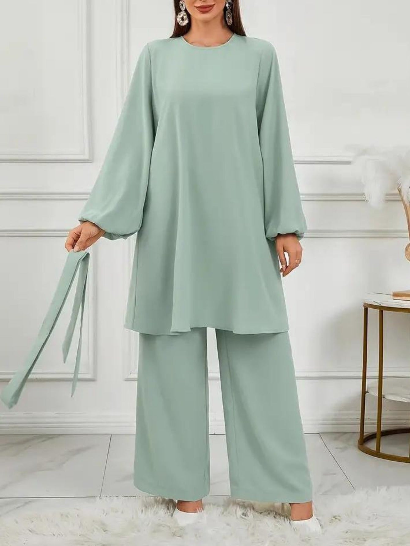 Grande taille - Ensemble deux pièces élégant vert clair pour femmes Abaya