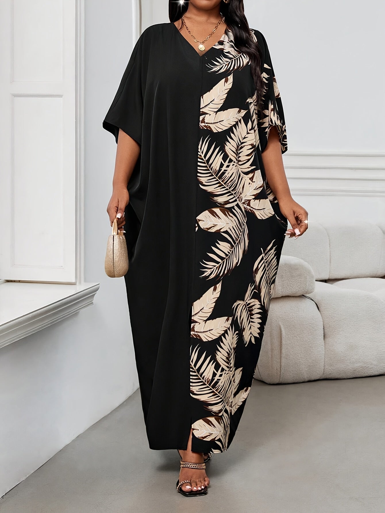 Grande taille, élégante robe longue élégante à col rond et manches longues à blocs de couleur