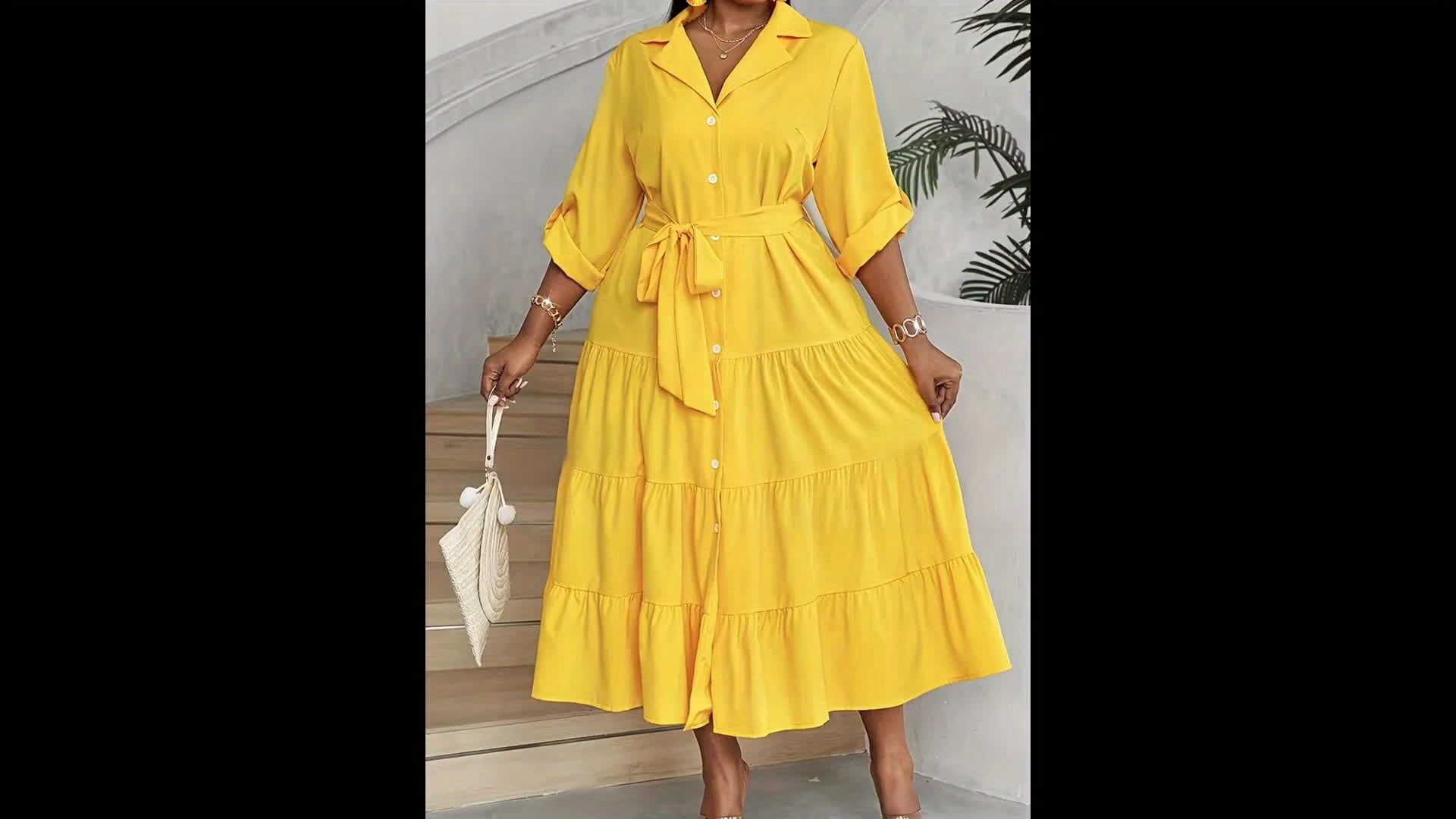 Élégante robe chemise mi-longue ceinturée grande taille