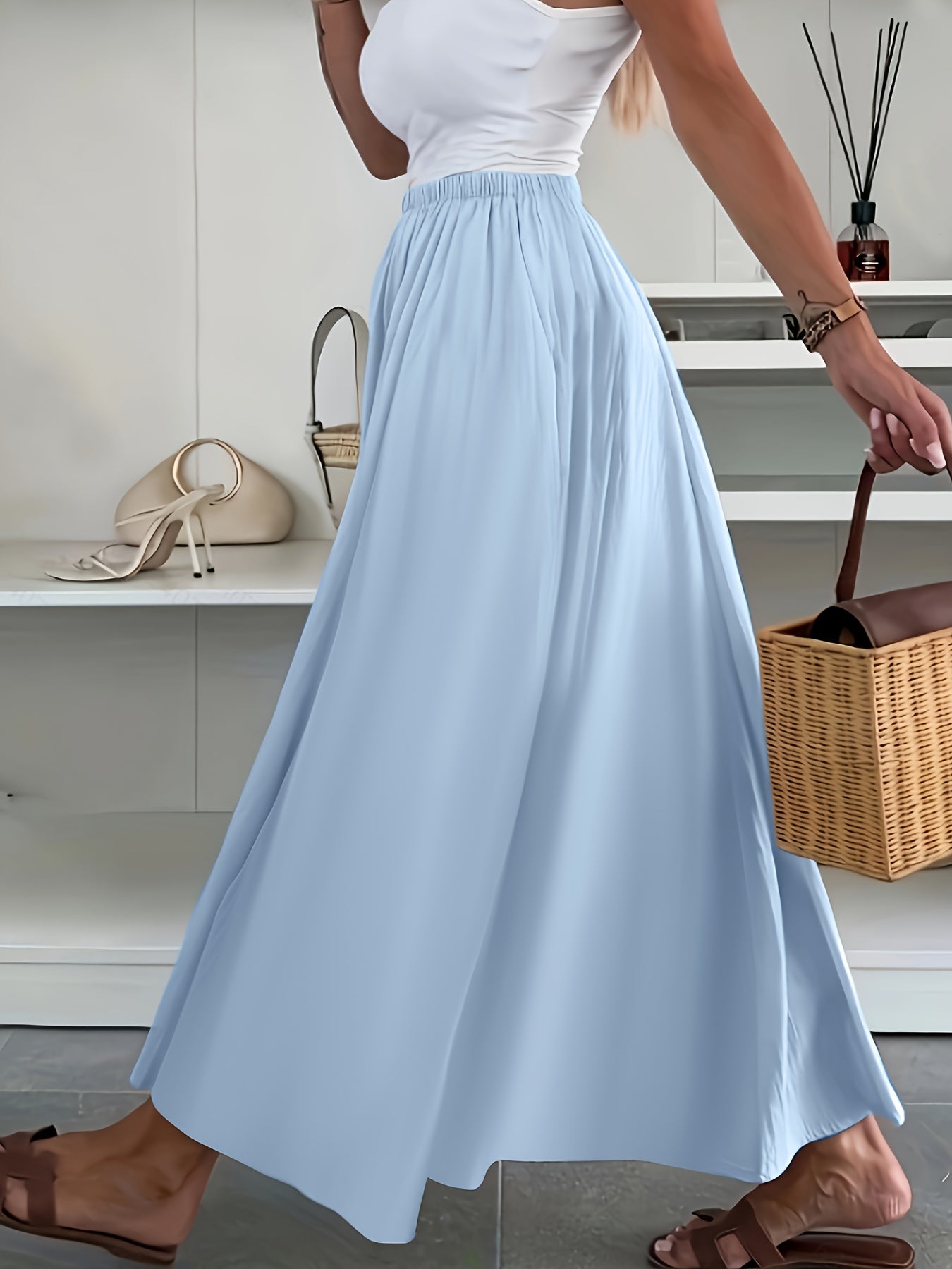 Women'S Casual Solid Color Flared Skirt with Pockets - Regular Fit, All-Season, No Belt, Allseason Skirt|Casual Style Skirt|Pocketed Skirt