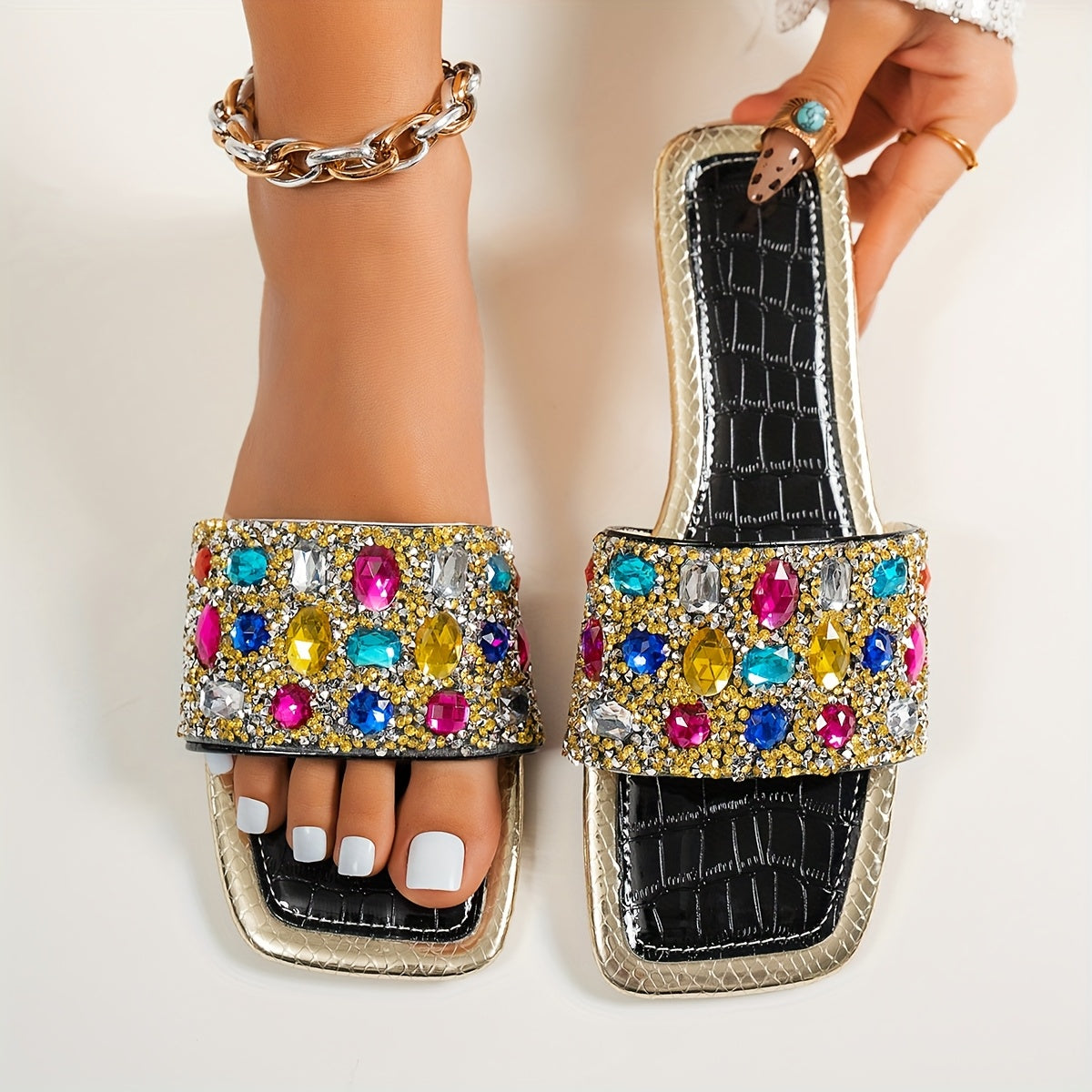 Sandales plates à glissière colorées en strass pour femmes