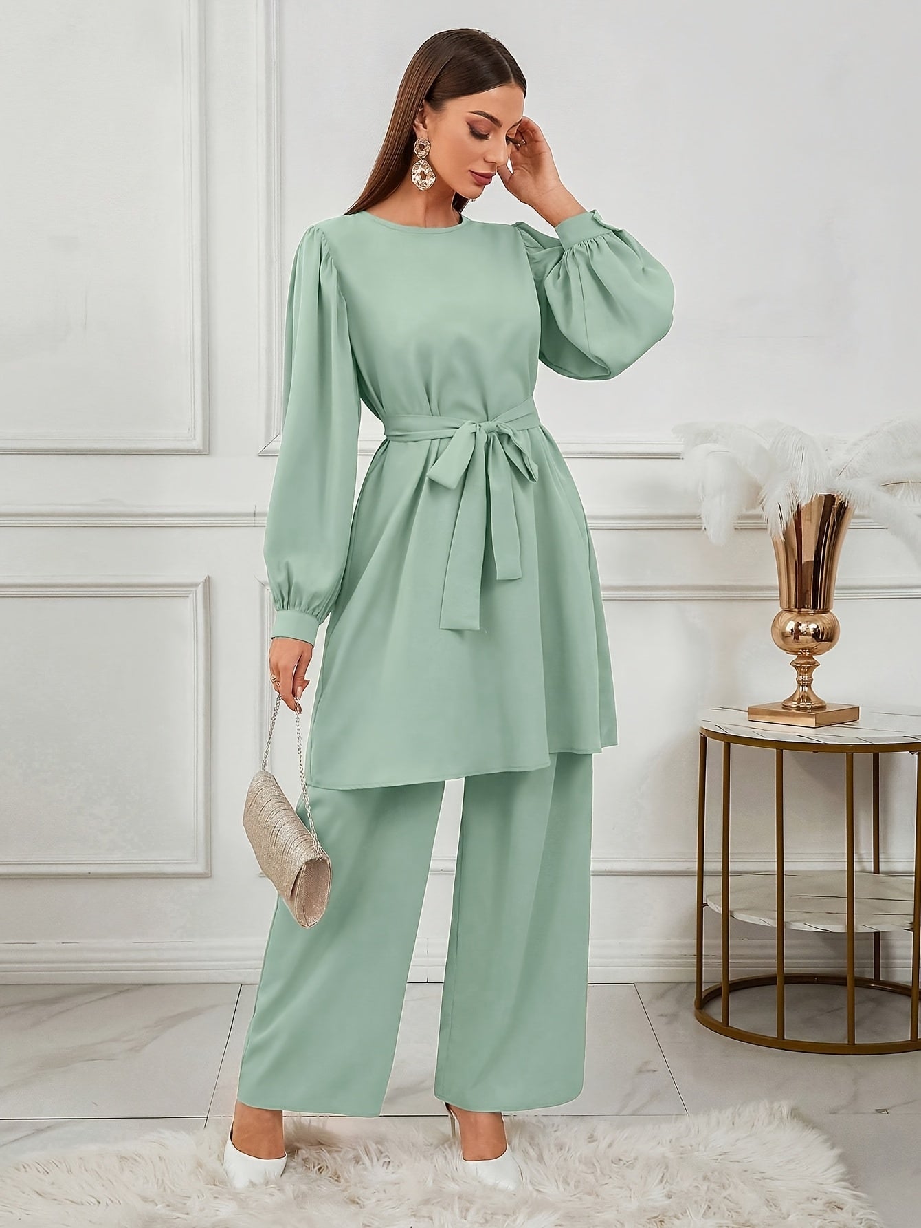 Ensemble Haut Et Pantalon À Manches Ensemble Haut Et Pantalon À Manches Longues À Col Rond De Couleur Unie Pour Femmes