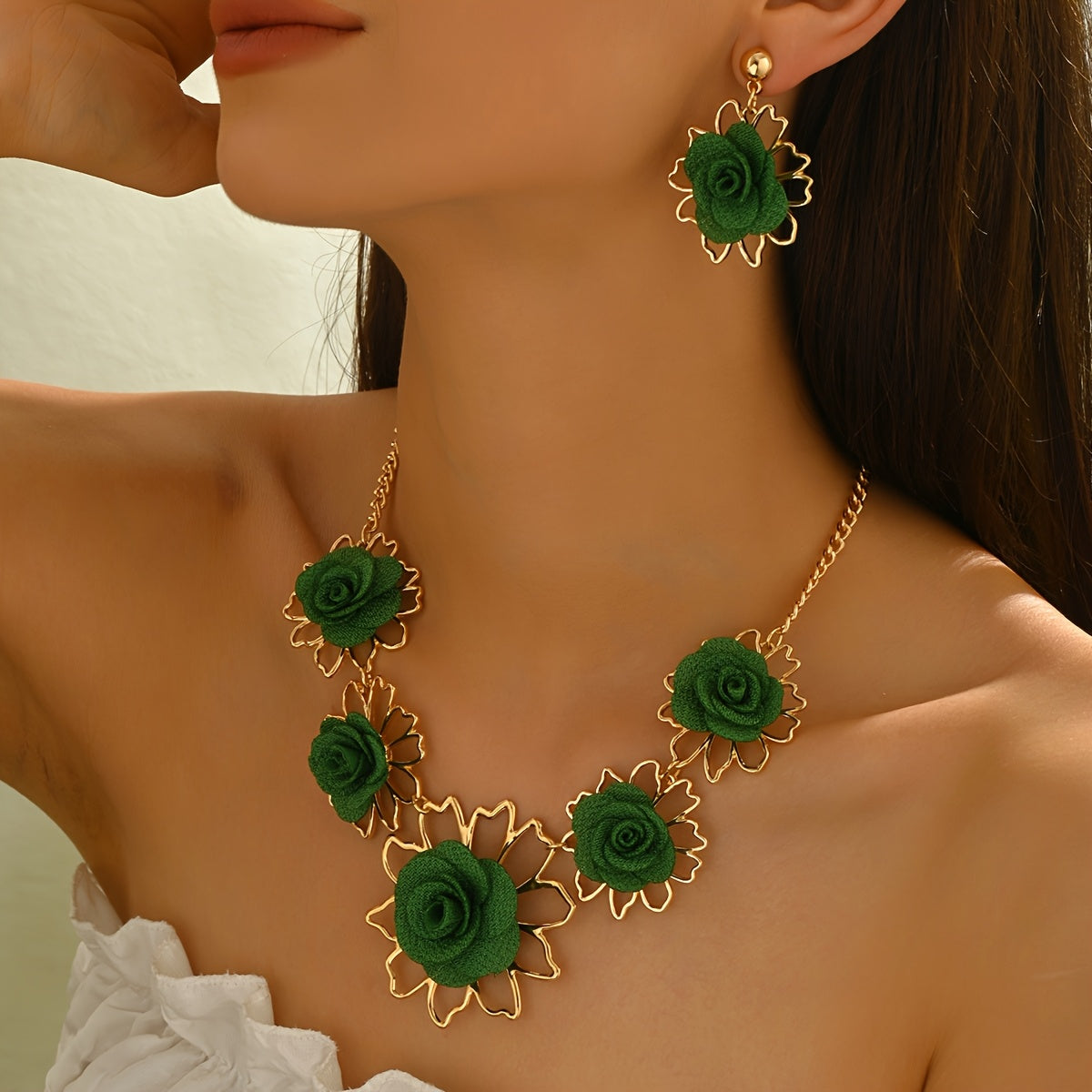 Ensemble de bijoux floraux verts élégants 2 pièces