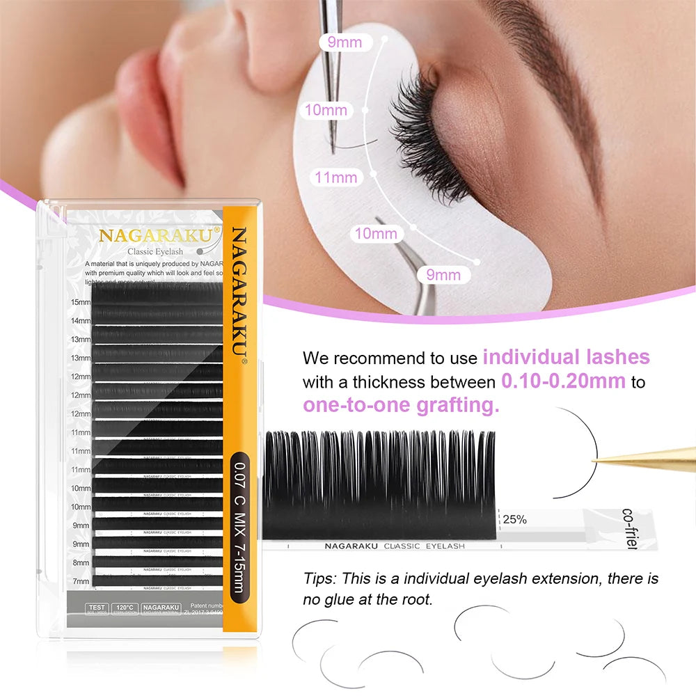 NAGARAKU-Extension de cils en vison synthétique classique, mélange naturel de qualité supérieure, fournitures de maquillage individuel, 16 rangées par étui, 7 ~ 25mm