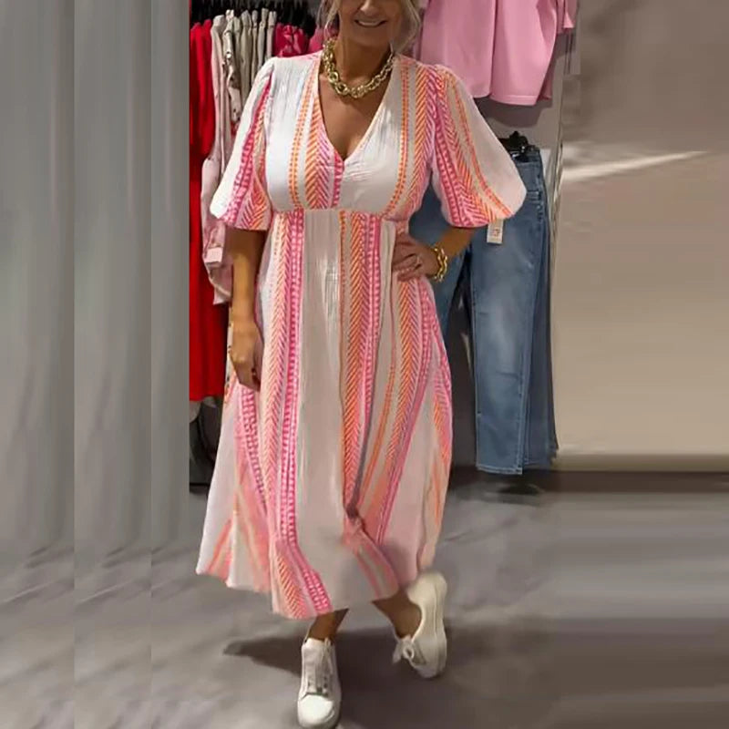 Robes Maxi d'été pour femmes, col en V, imprimé rayé, robe de plage, vacances, ligne a, robe longue de soirée, grande taille