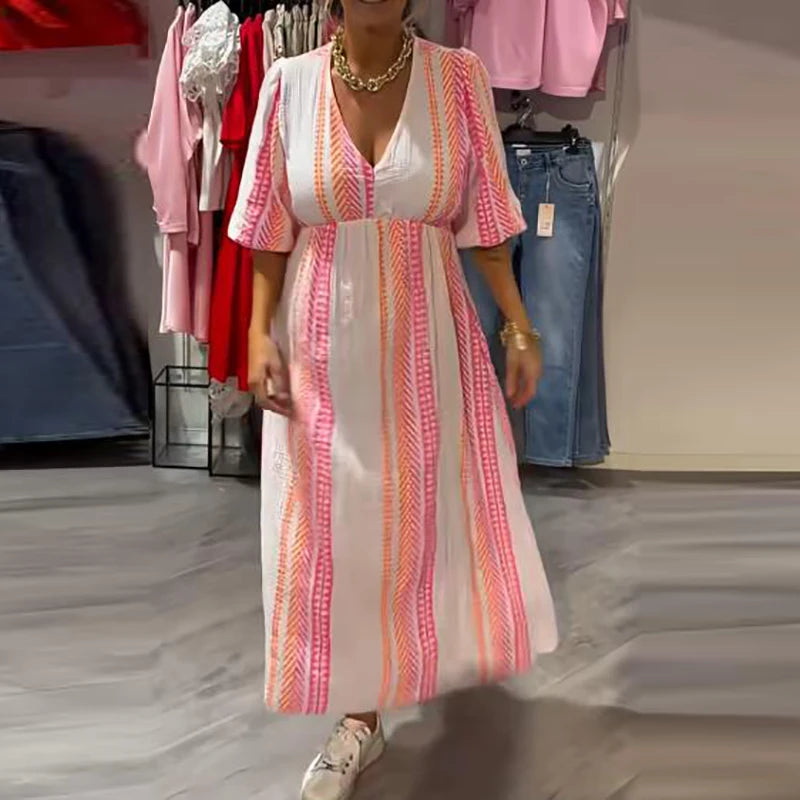 Robes Maxi d'été pour femmes, col en V, imprimé rayé, robe de plage, vacances, ligne a, robe longue de soirée, grande taille