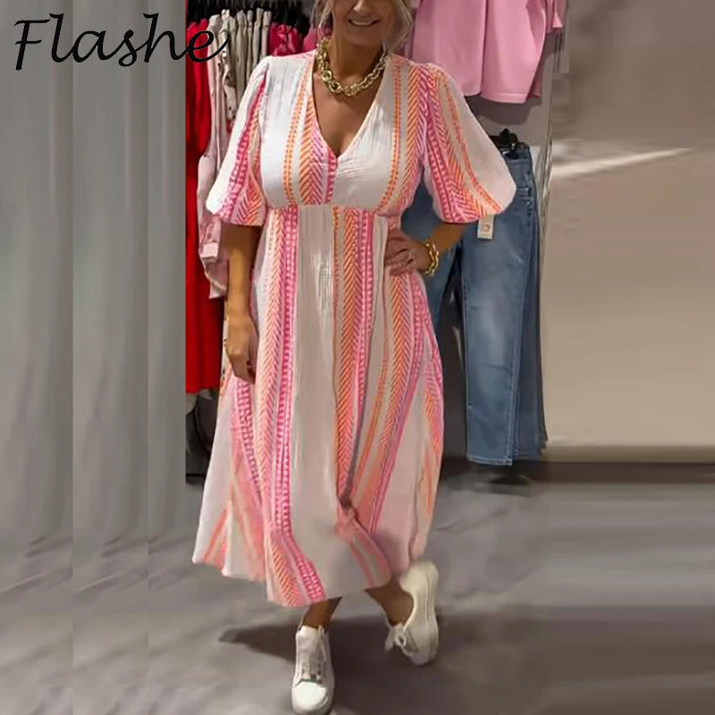 Robes Maxi d'été pour femmes, col en V, imprimé rayé, robe de plage, vacances, ligne a, robe longue de soirée, grande taille