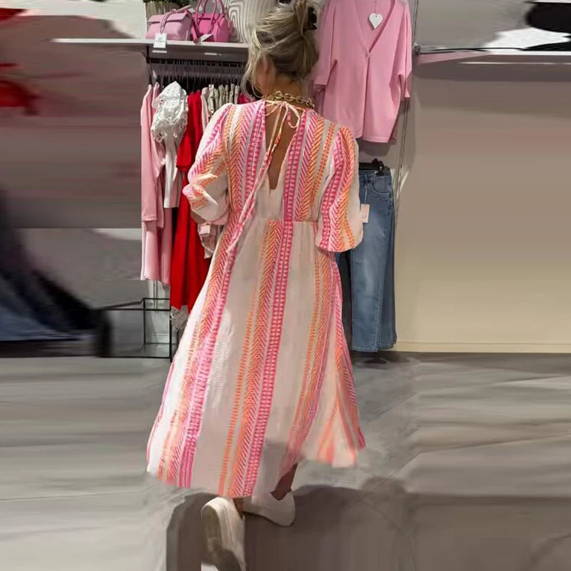 Robes Maxi d'été pour femmes, col en V, imprimé rayé, robe de plage, vacances, ligne a, robe longue de soirée, grande taille