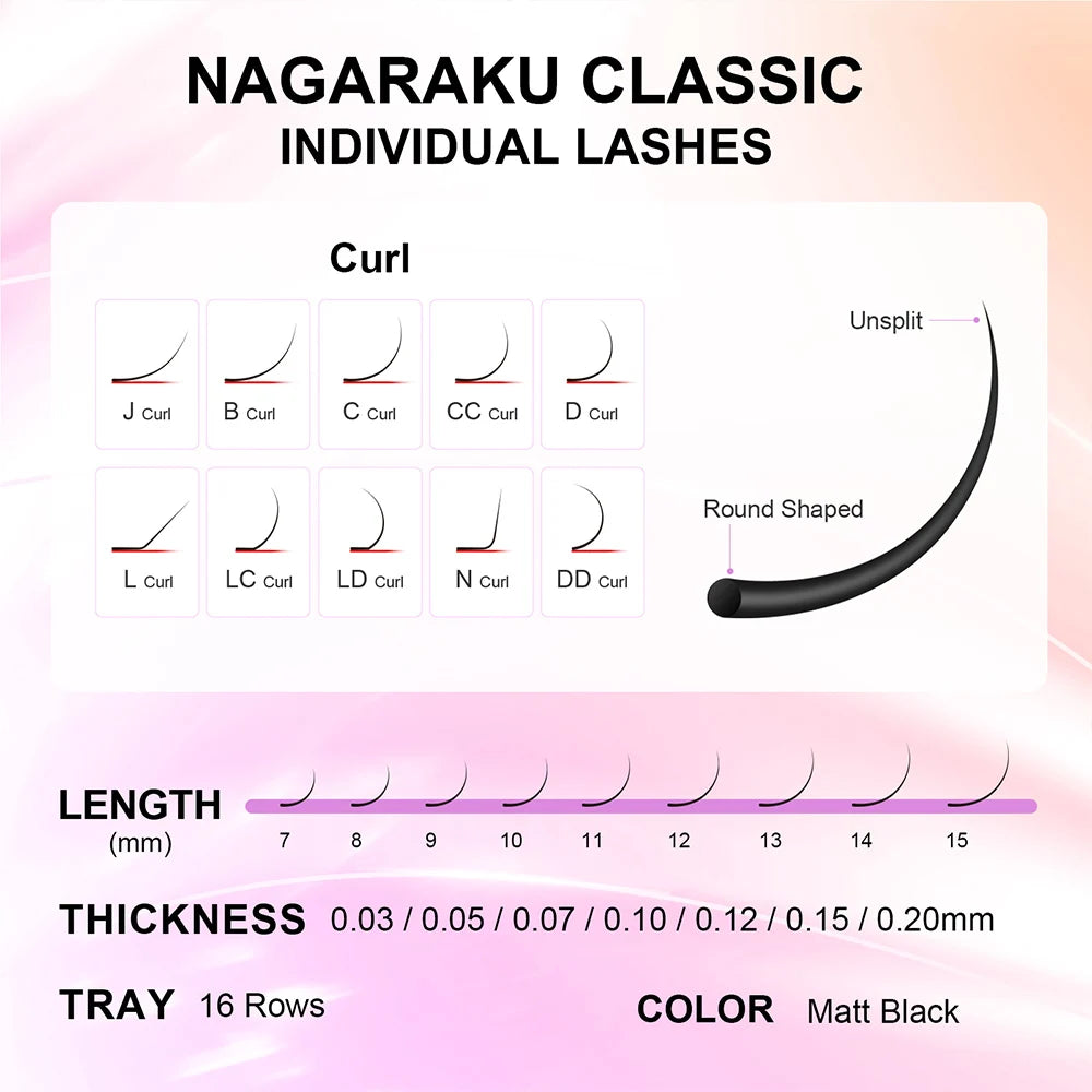 NAGARAKU-Extension de cils en vison synthétique classique, mélange naturel de qualité supérieure, fournitures de maquillage individuel, 16 rangées par étui, 7 ~ 25mm