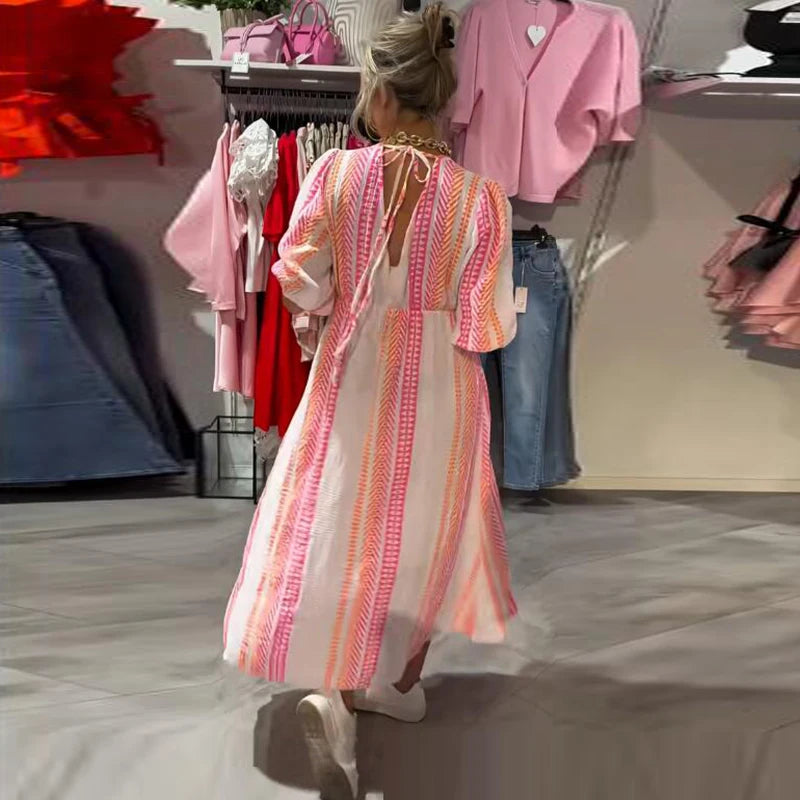 Robes Maxi d'été pour femmes, col en V, imprimé rayé, robe de plage, vacances, ligne a, robe longue de soirée, grande taille