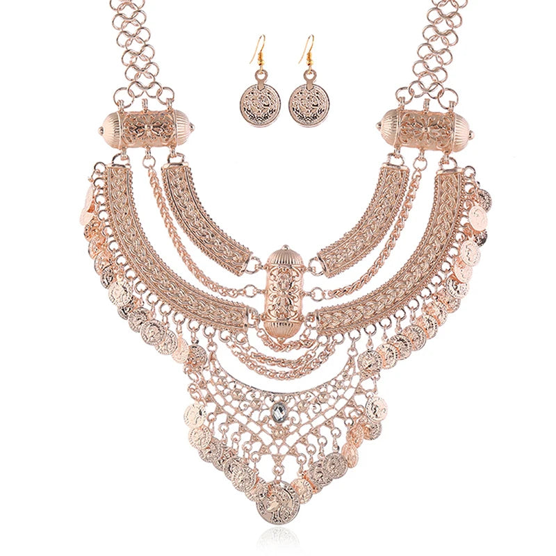 Ensembles de bijoux de collier ras du cou pour femmes, collier de déclaration bohème gitane ethnique, gland de pièce de monnaie, boucles d'oreilles pendantes de la présidence, mode