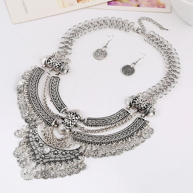 Ensembles de bijoux de collier ras du cou pour femmes, collier de déclaration bohème gitane ethnique, gland de pièce de monnaie, boucles d'oreilles pendantes de la présidence, mode