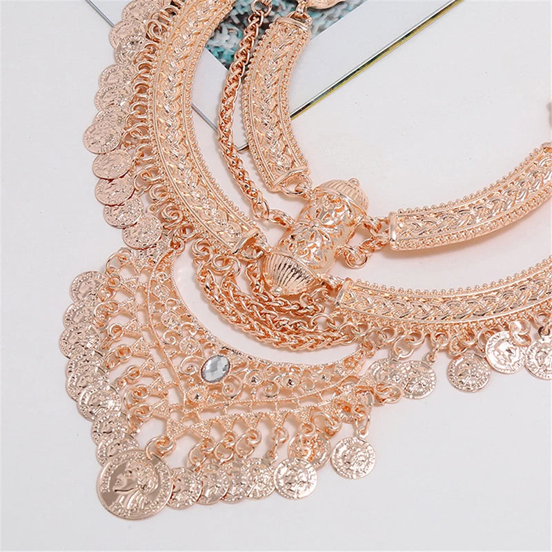 Ensembles de bijoux de collier ras du cou pour femmes, collier de déclaration bohème gitane ethnique, gland de pièce de monnaie, boucles d'oreilles pendantes de la présidence, mode