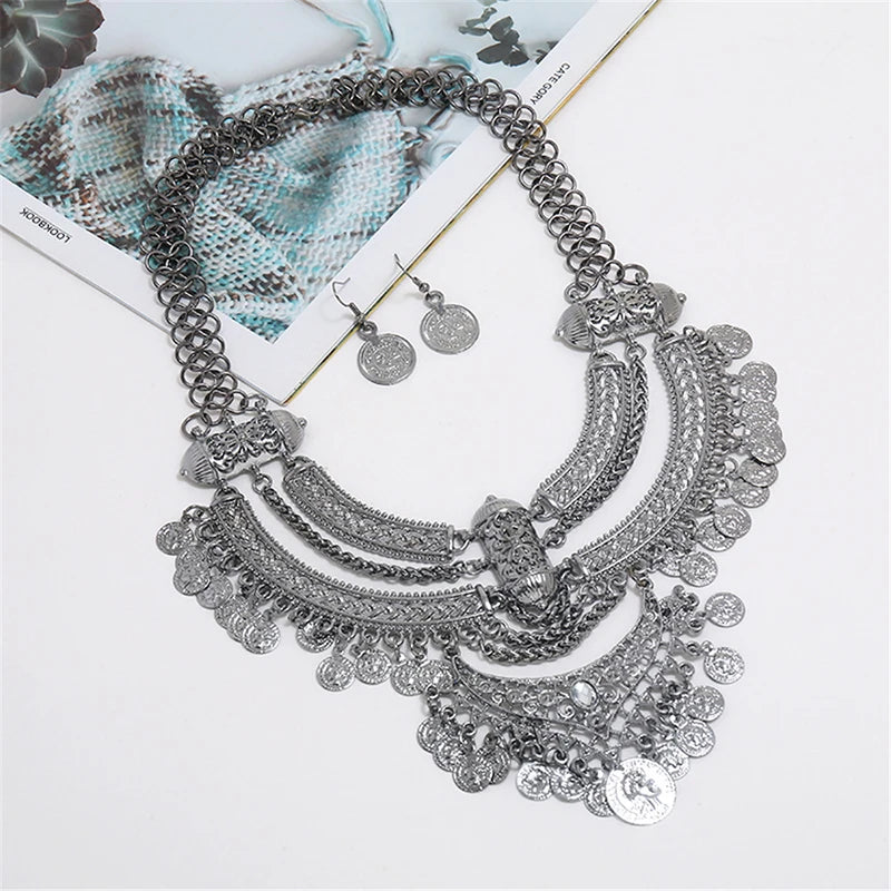 Ensembles de bijoux de collier ras du cou pour femmes, collier de déclaration bohème gitane ethnique, gland de pièce de monnaie, boucles d'oreilles pendantes de la présidence, mode