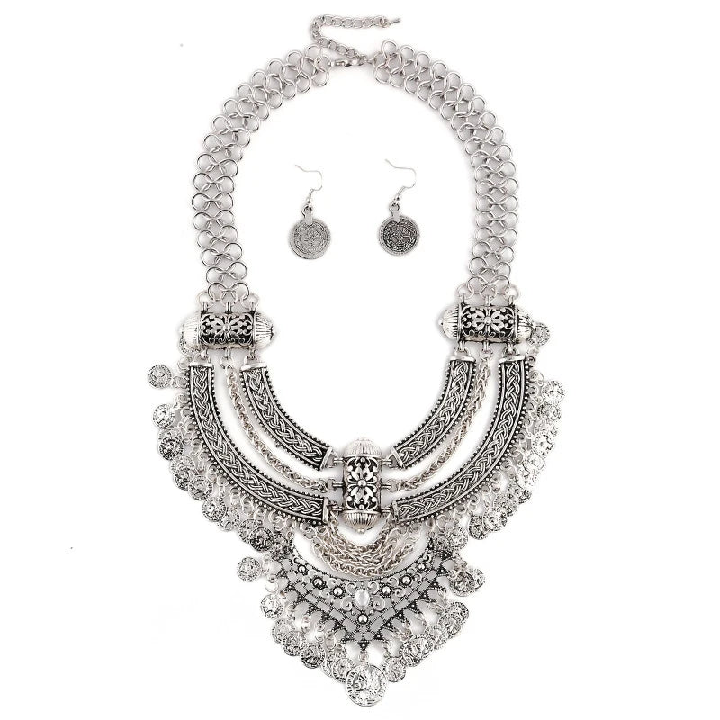 Ensembles de bijoux de collier ras du cou pour femmes, collier de déclaration bohème gitane ethnique, gland de pièce de monnaie, boucles d'oreilles pendantes de la présidence, mode