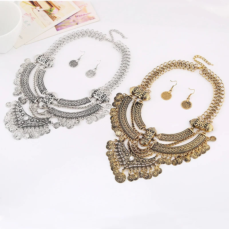 Ensembles de bijoux de collier ras du cou pour femmes, collier de déclaration bohème gitane ethnique, gland de pièce de monnaie, boucles d'oreilles pendantes de la présidence, mode