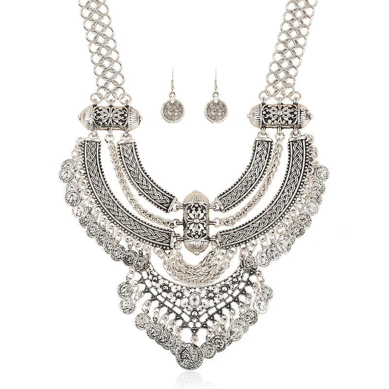 Ensembles de bijoux de collier ras du cou pour femmes, collier de déclaration bohème gitane ethnique, gland de pièce de monnaie, boucles d'oreilles pendantes de la présidence, mode