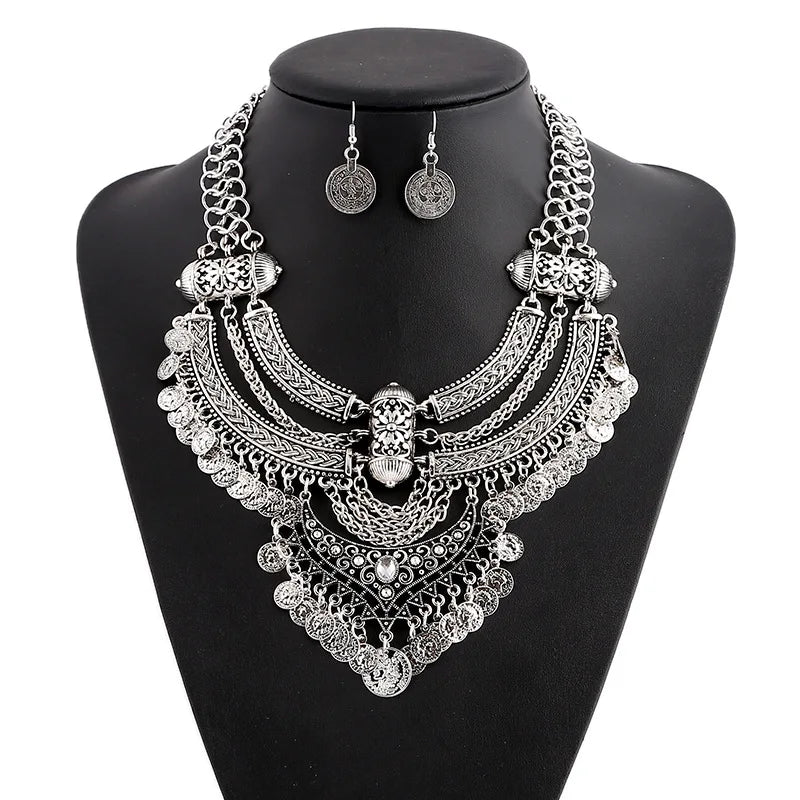 Ensembles de bijoux de collier ras du cou pour femmes, collier de déclaration bohème gitane ethnique, gland de pièce de monnaie, boucles d'oreilles pendantes de la présidence, mode