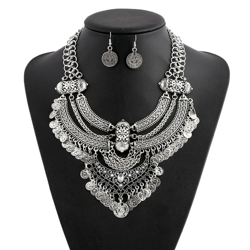 Ensembles de bijoux de collier ras du cou pour femmes, collier de déclaration bohème gitane ethnique, gland de pièce de monnaie, boucles d'oreilles pendantes de la présidence, mode