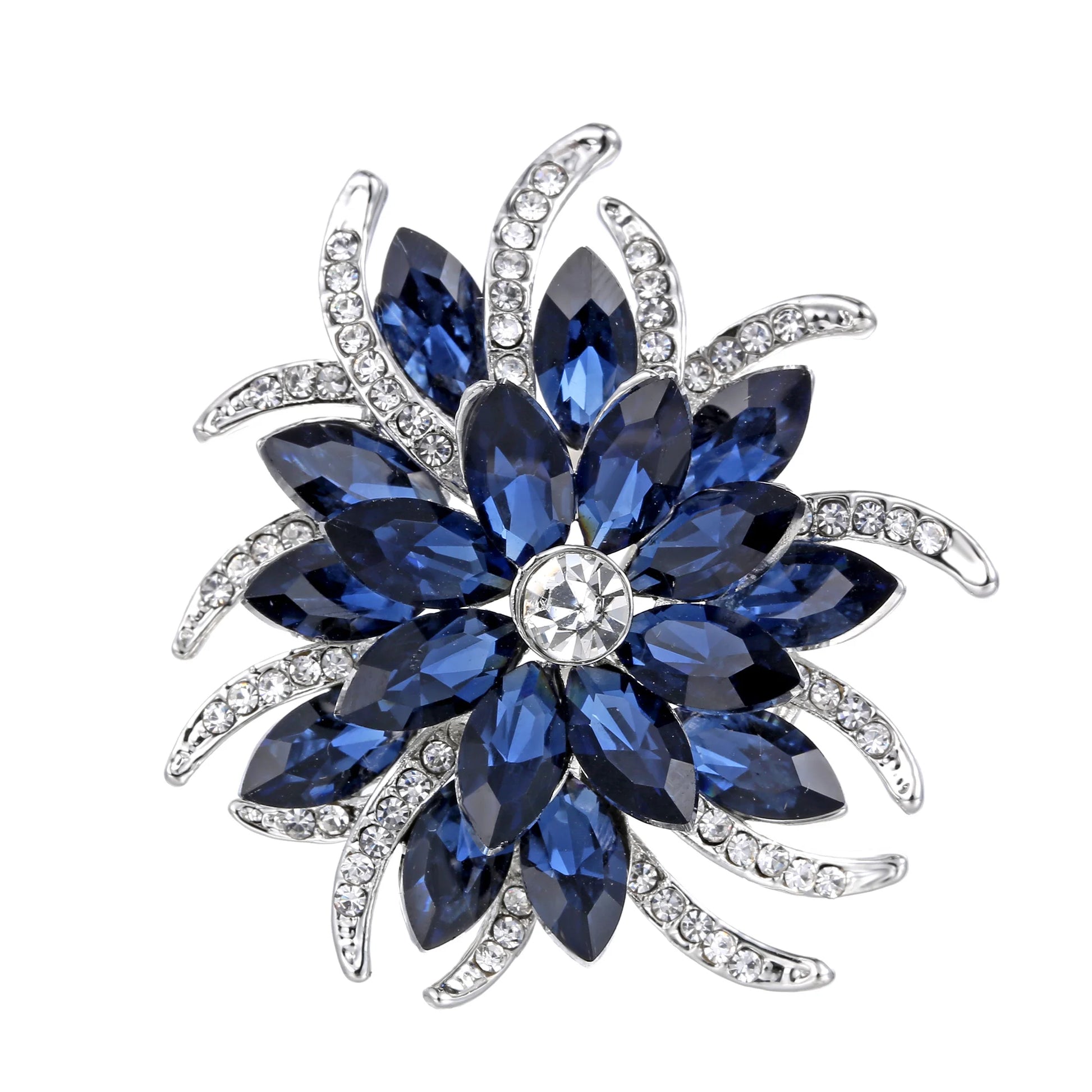 Broche à fleurs en cristal pour femmes, bleu profond, plante, Badge élégant, bijoux à la mode, broche pour fête de mariage, cadeaux de fête