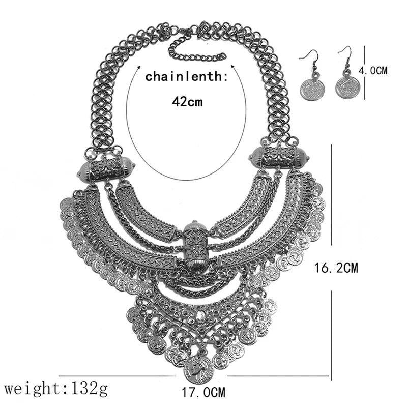 Ensembles de bijoux de collier ras du cou pour femmes, collier de déclaration bohème gitane ethnique, gland de pièce de monnaie, boucles d'oreilles pendantes de la présidence, mode