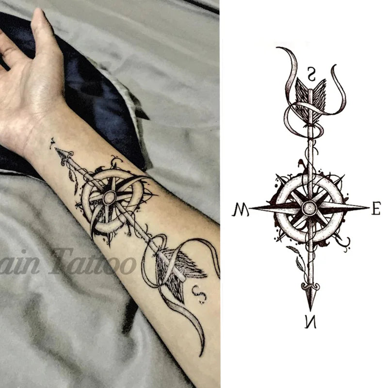 1 pièces boussole flèches chaud noir blanc grande fleur henné tatouage temporaire noir Mehndi Style étanche tatouage autocollant
