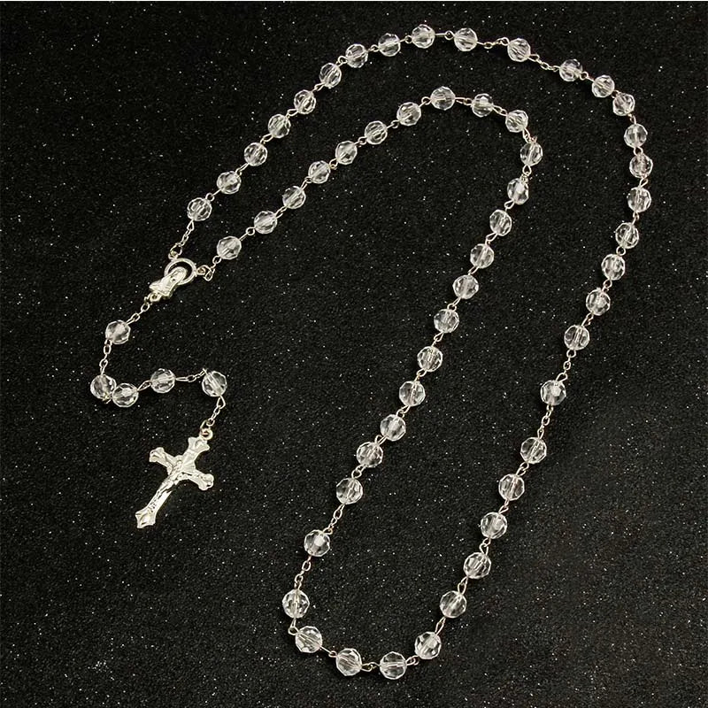 Chapelet coupé de 8mm, perles de cristal en plastique, collier catholique avec médaille de terre sacrée, croix de prière, bijoux religieux