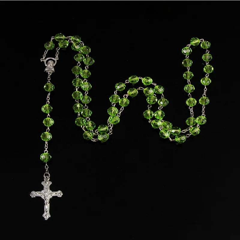 Chapelet coupé de 8mm, perles de cristal en plastique, collier catholique avec médaille de terre sacrée, croix de prière, bijoux religieux
